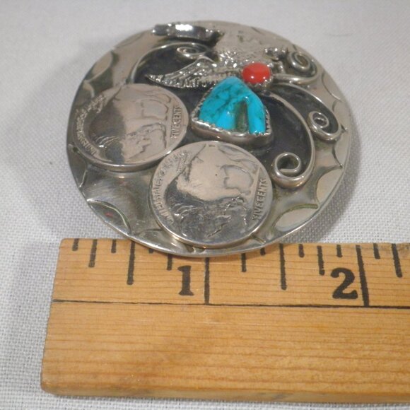 Vintage Squaw Wrap Belt Buckle Turquoise Coral Buffalo Nickels main image 4